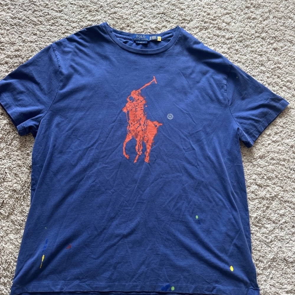 Polo Ralph Lauren Men's Blue Short Sleeve TShirt with Paint Splatter Size XL New